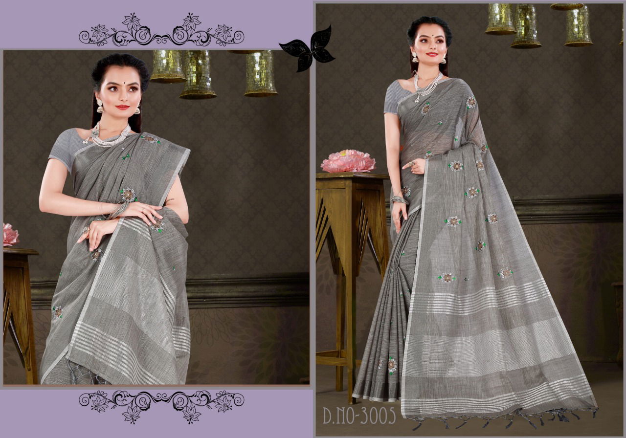 Sangam Swara New Fancy Wear Designer Linen Embroidery Work Saree Collection